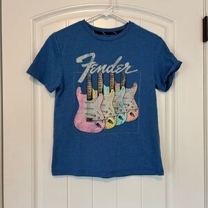 Fender Kids Blue Tee with Colorful Guitar Design Size Medium 8/10